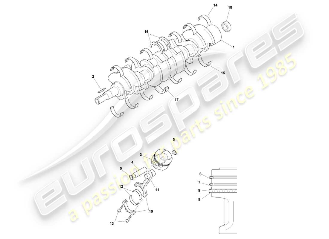 aston martin db7 vantage (2002) teilediagramm für kurbelwelle, kolben und pleuel