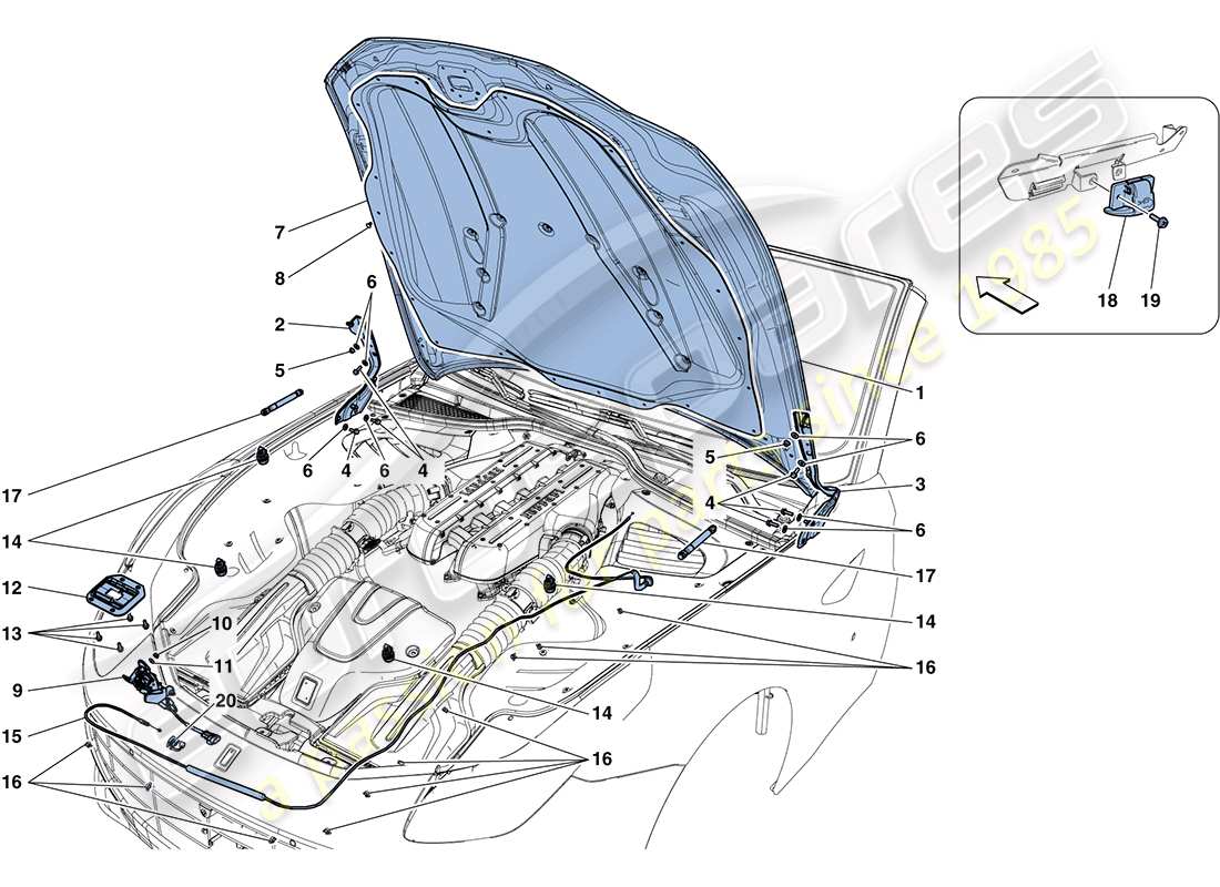 ferrari ff (rhd) vorderer deckel und öffnungsmechanismus teilediagramm