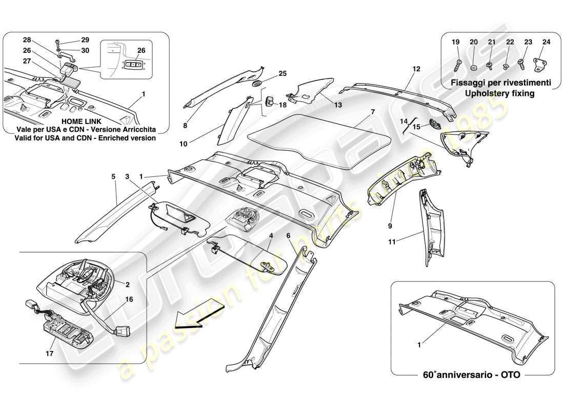 ferrari 612 sessanta (rhd) dachhimmelverkleidung und zubehör teilediagramm