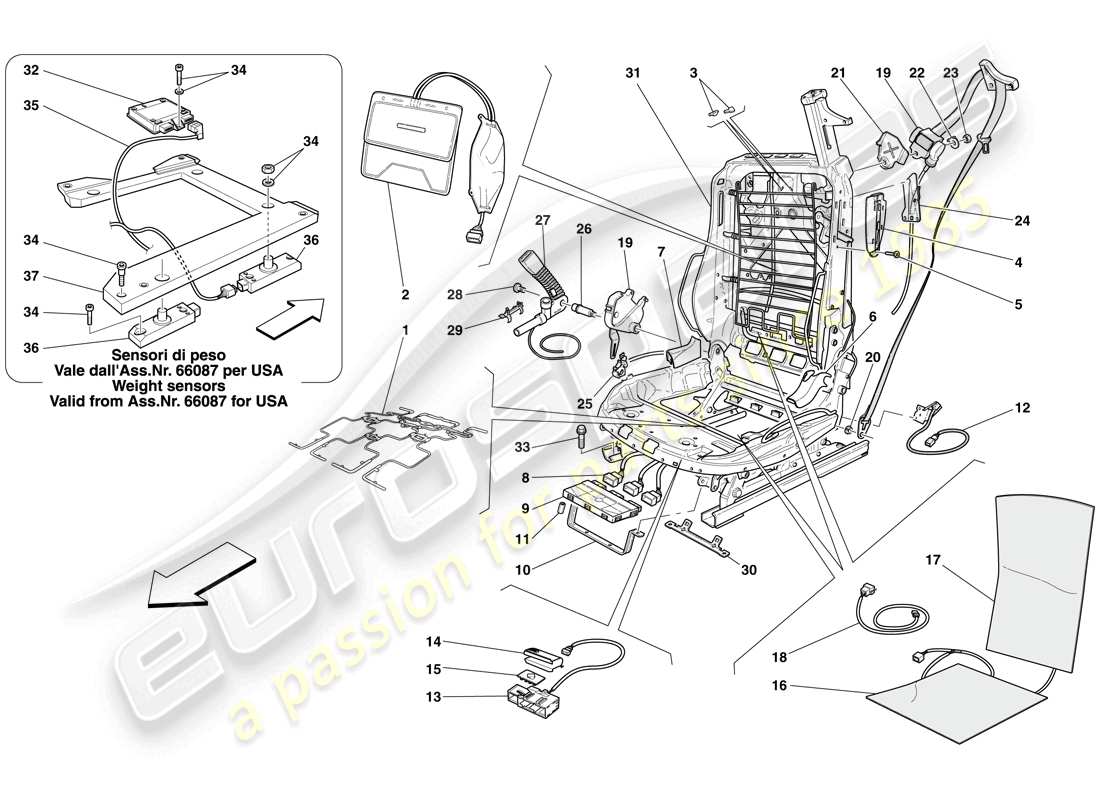ferrari 612 sessanta (rhd) elektrischer vordersitz - sicherheitsgurte und geräte ersatzteildiagramm