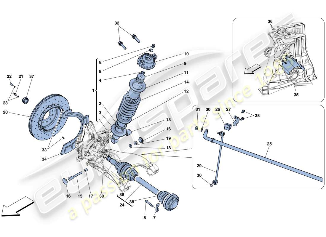 ferrari 488 spider (rhd) hinterradaufhängung - teilediagramm stoßdämpfer und bremsscheibe