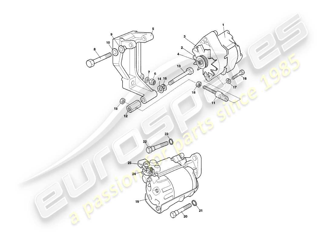 aston martin v8 coupe (1999) teilediagramm für generator, anlasser und luftpumpe