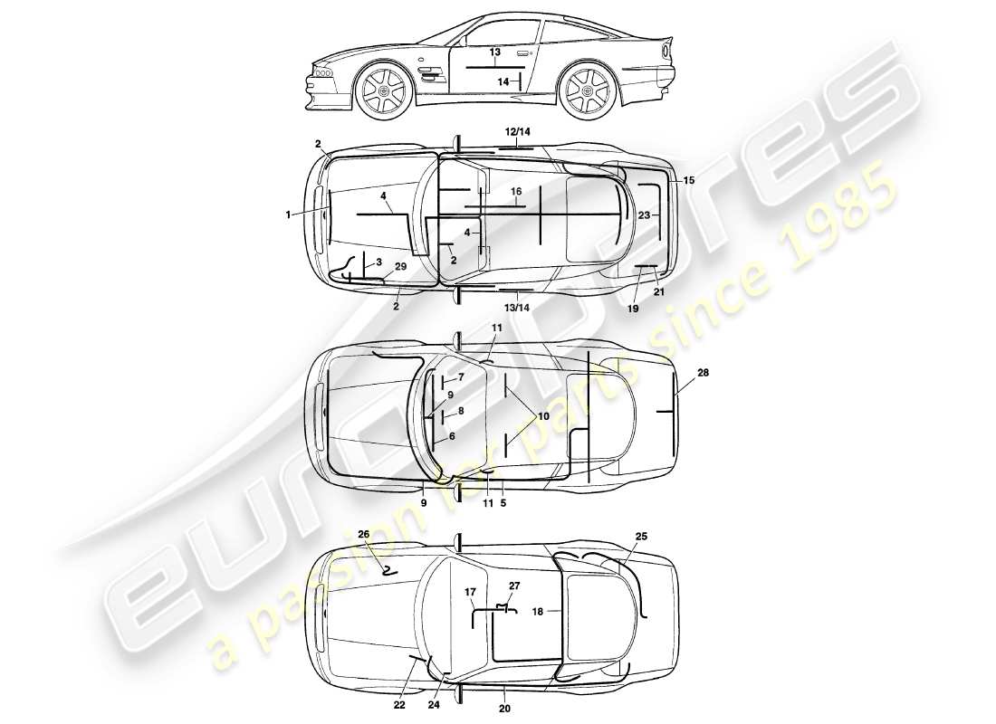 aston martin v8 coupe (1999) kabelbaum-teilediagramm