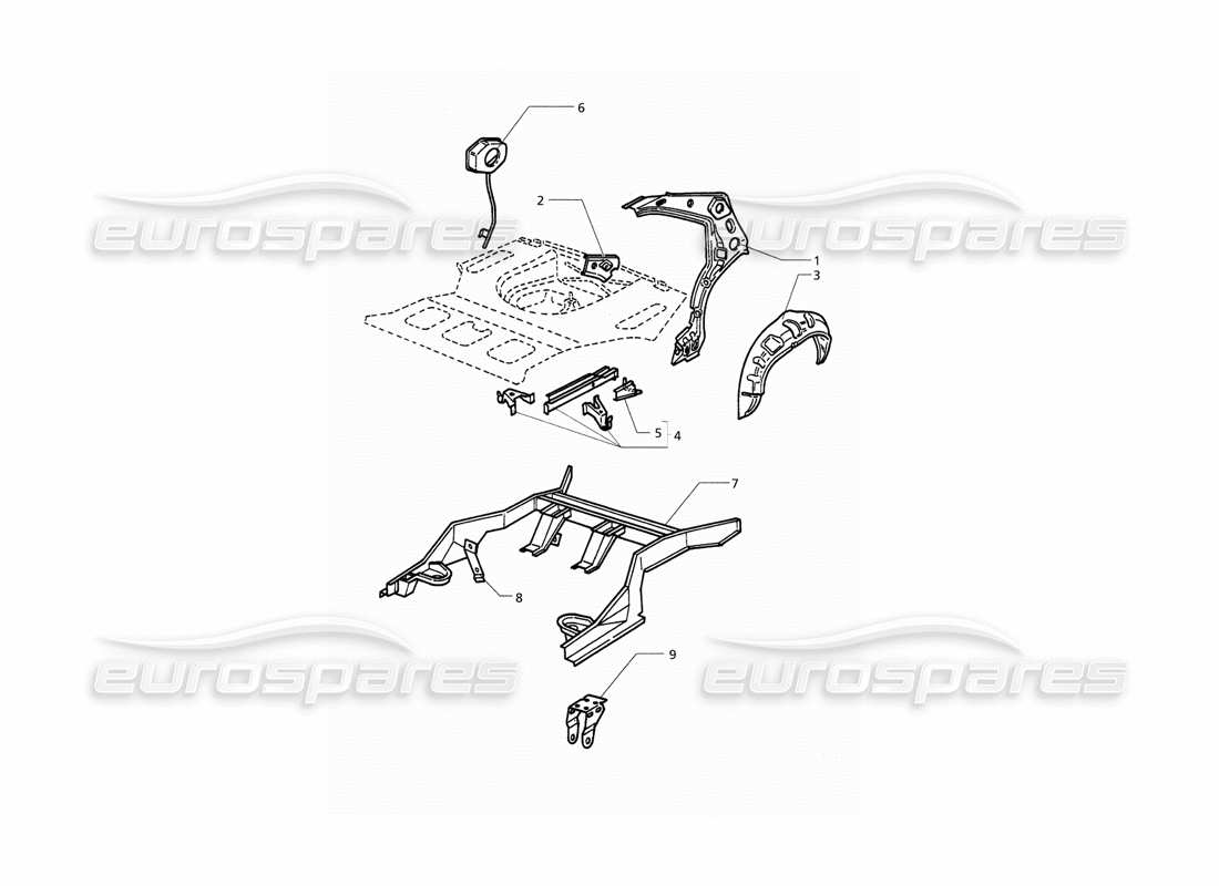 maserati qtp. 3.2 v8 (1999) karosserie: teilediagramm der hinteren außenstruktur