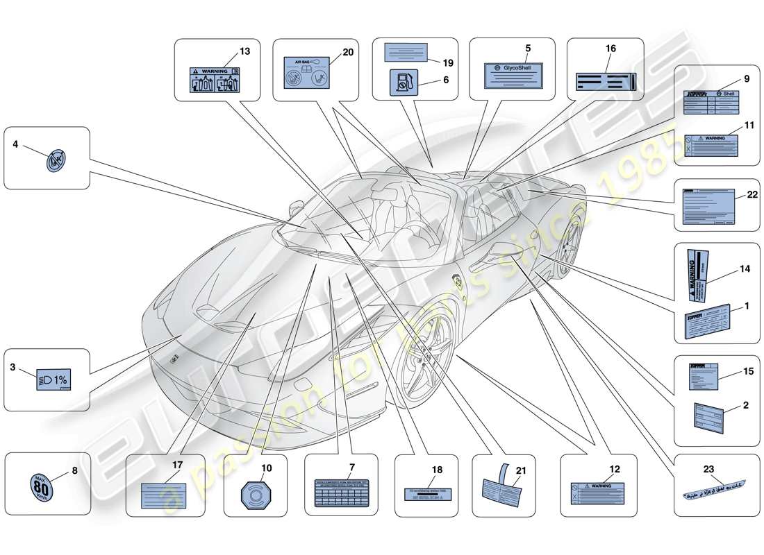 ferrari 458 speciale aperta (usa) klebeetiketten und plaques teilediagramm