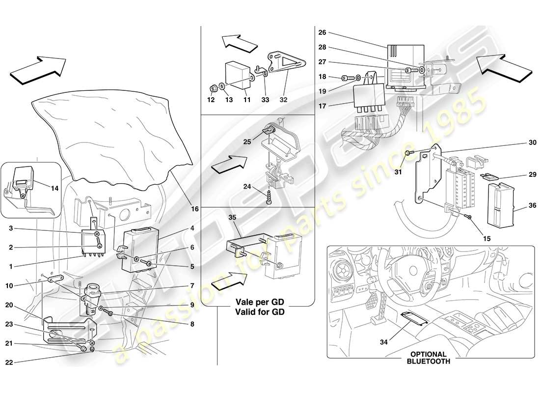 ferrari f430 coupe (rhd) teilediagramm für steuergeräte im vorderen fahrgastraum