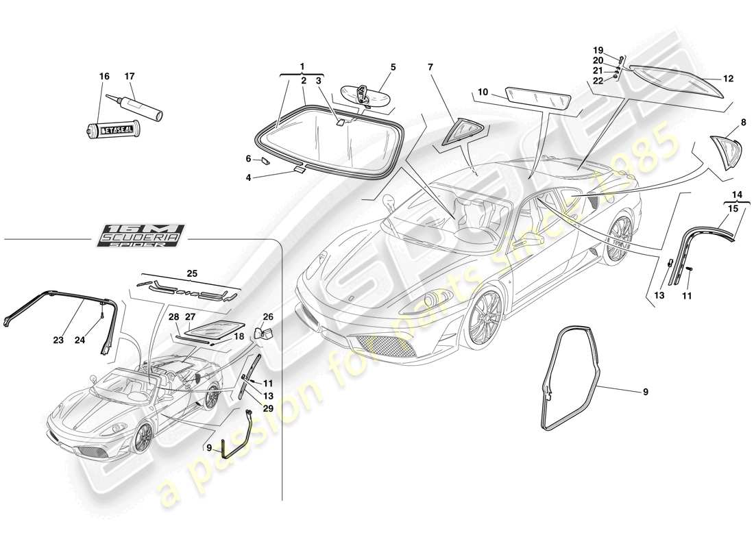 ferrari f430 scuderia spider 16m (europe) bildschirme, fenster und dichtungen ersatzteildiagramm