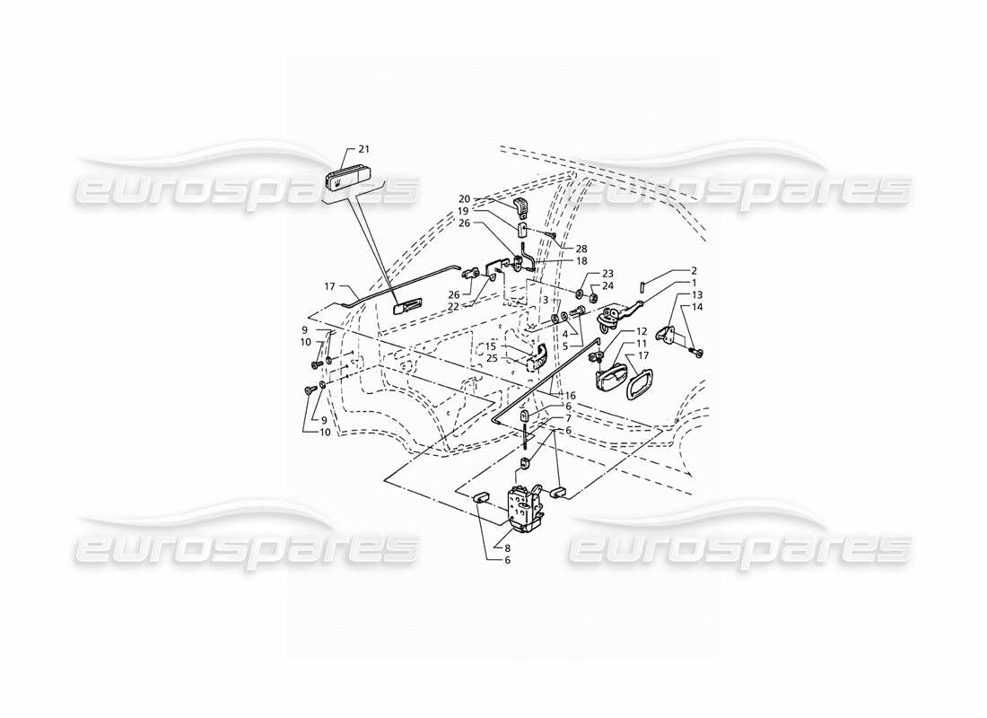 maserati qtp. 3.2 v8 (1999) hintertüren: teilediagramm für scharniere und innere bedienelemente