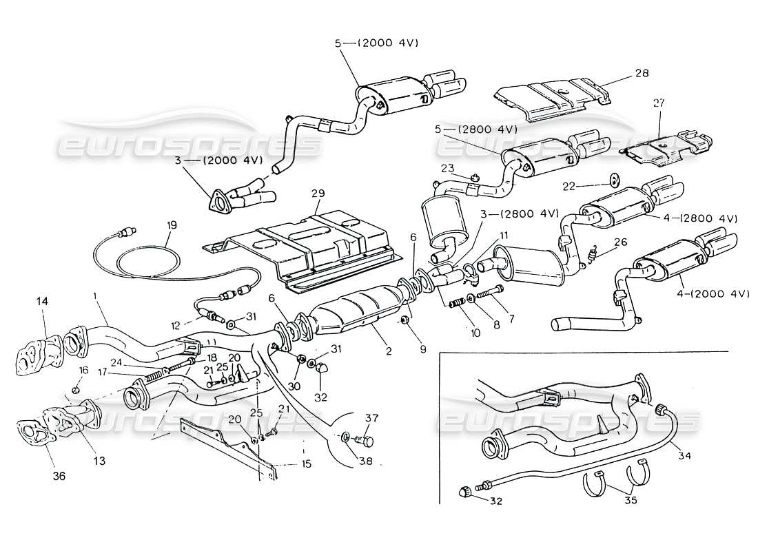 maserati 222 / 222e biturbo abgassystem mit katalysator (4v) teilediagramm