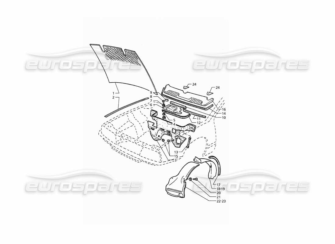 maserati qtp. 3.2 v8 (1999) teilediagramm für motorhauben- und motorraumabdeckungen