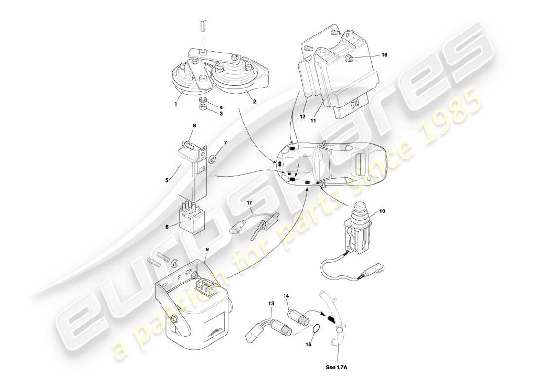 aston martin db7 vantage (1999) teilediagramm für motorraumkomponenten