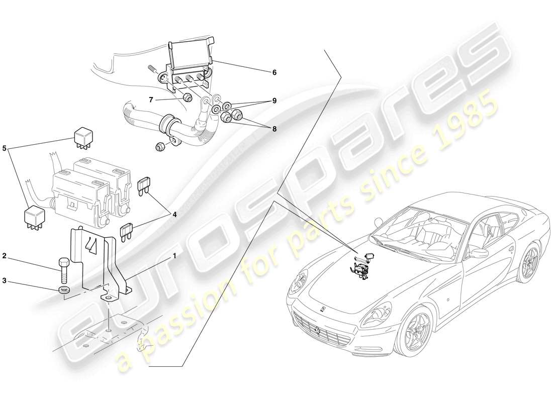 ferrari 612 scaglietti (rhd) motorraum-steuergeräte-ersatzteildiagramm