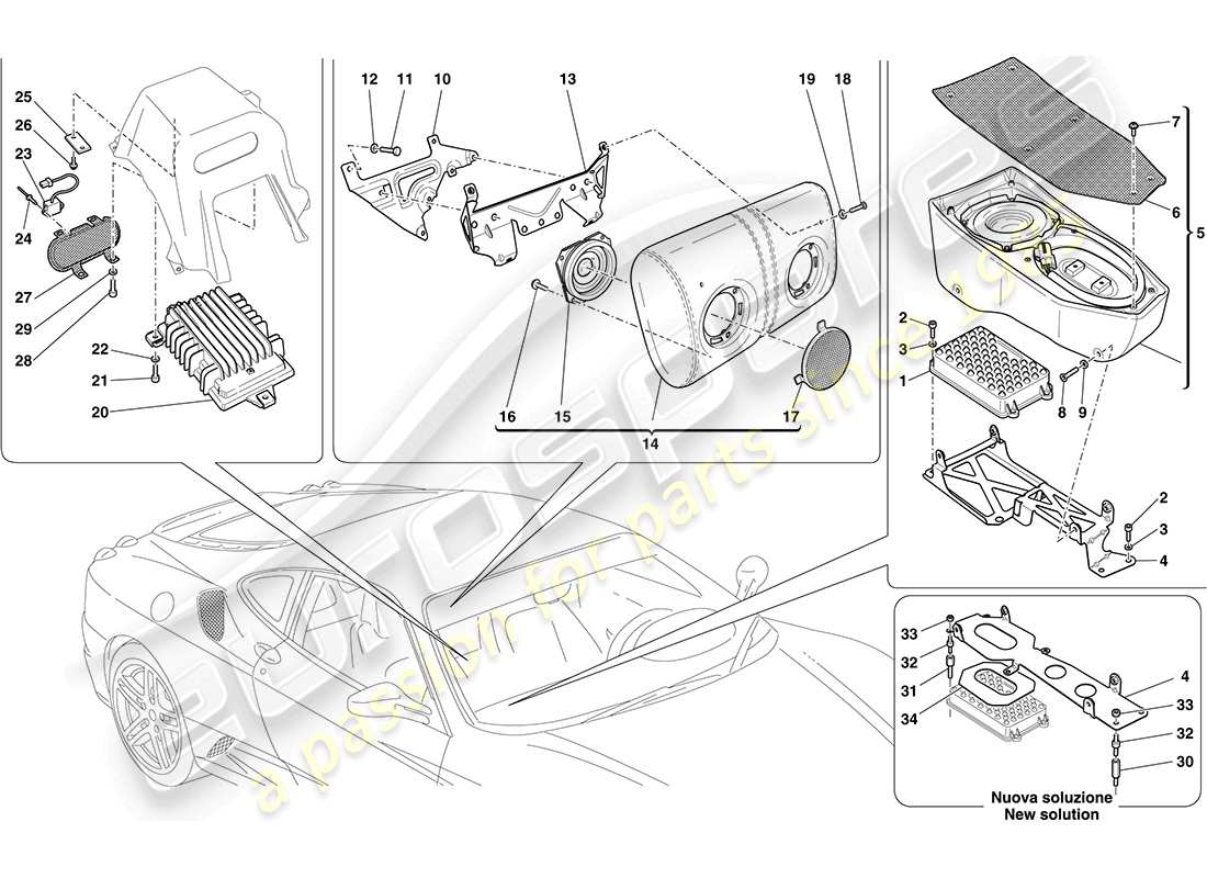 ferrari f430 coupe (usa) teilediagramm für das hochleistungs-hifi-system von bose