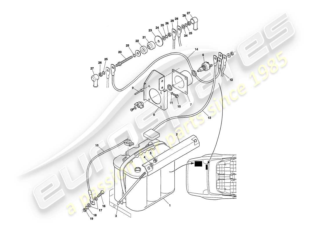 aston martin v8 volante (1997) batterie teilediagramm