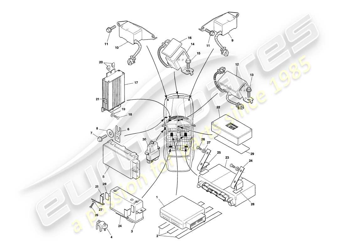 aston martin v8 volante (1997) teilediagramm für elektronische steuermodule