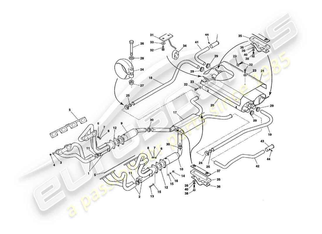 aston martin v8 volante (1998) auspuffanlage teilediagramm