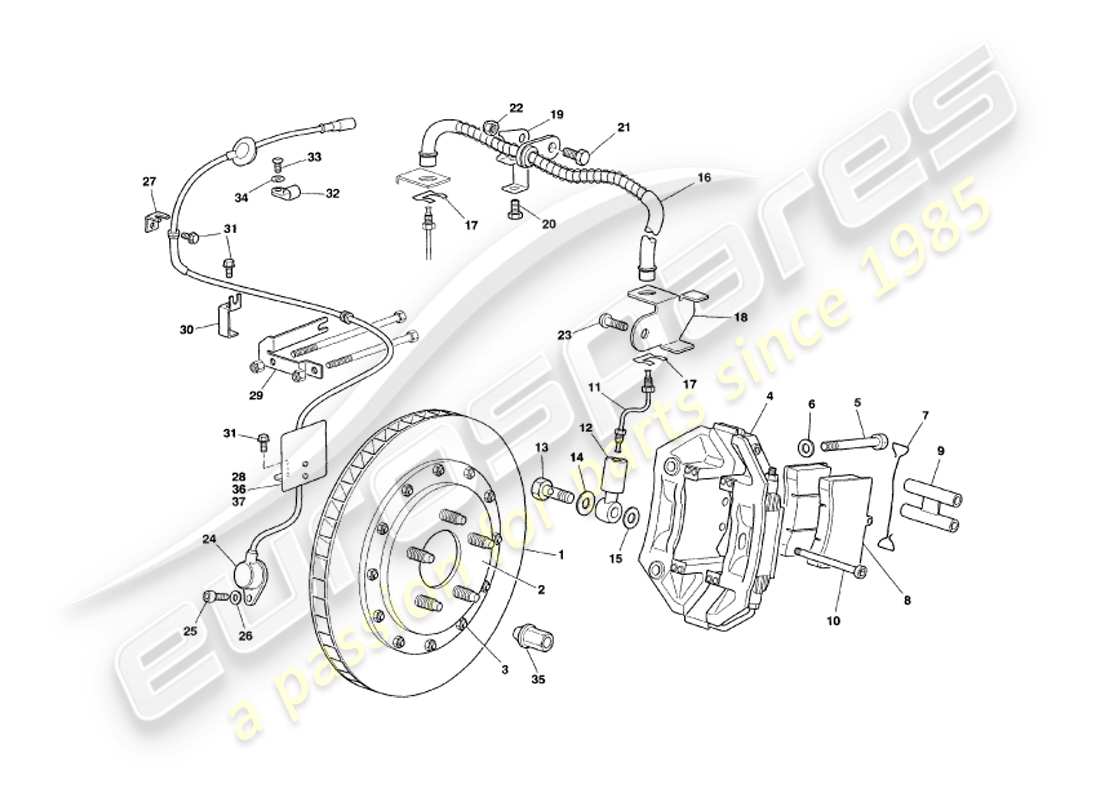 aston martin v8 volante (1998) teilediagramm für vorderbremsen