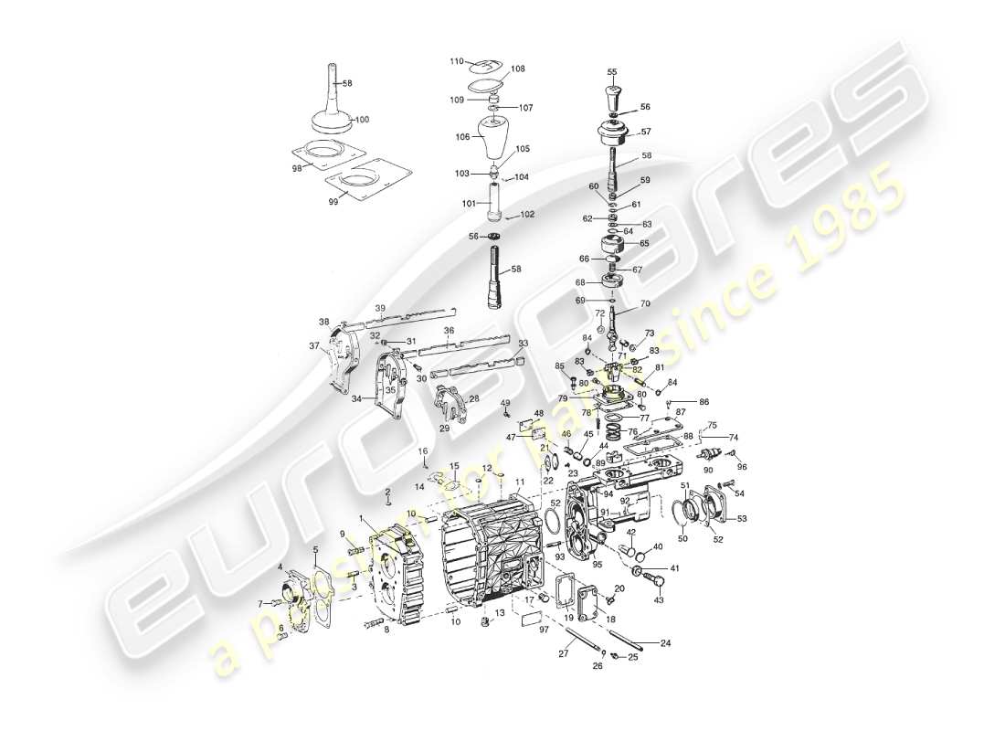 aston martin v8 virage (2000) teilediagramm für schaltgetriebe, gehäuse und wählhebel