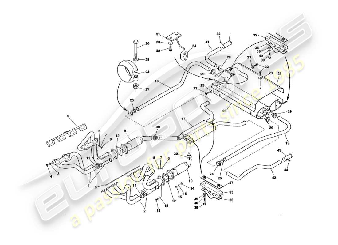 aston martin v8 volante (1997) auspuffanlage teilediagramm