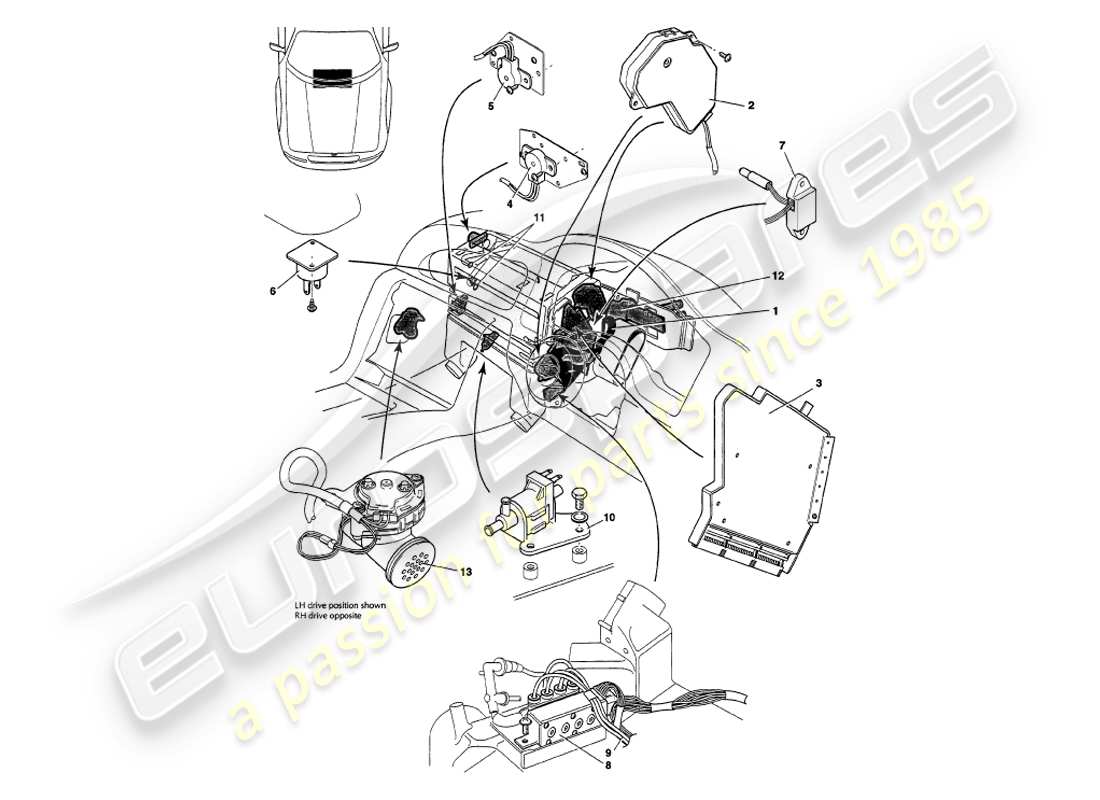 aston martin v8 volante (1998) teilediagramm für sensoren, schalter, magnetspulen, motoren usw.