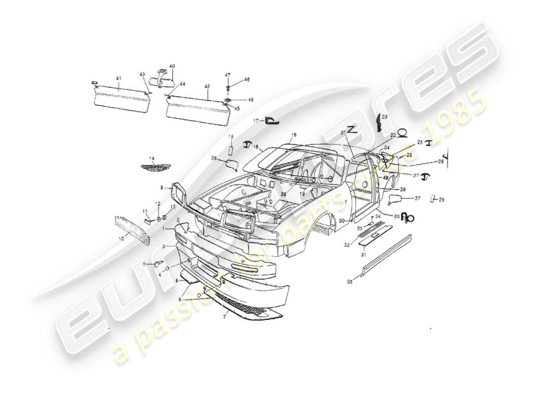 aston martin v8 virage (2000) karosserie, vorderteil-diagramm