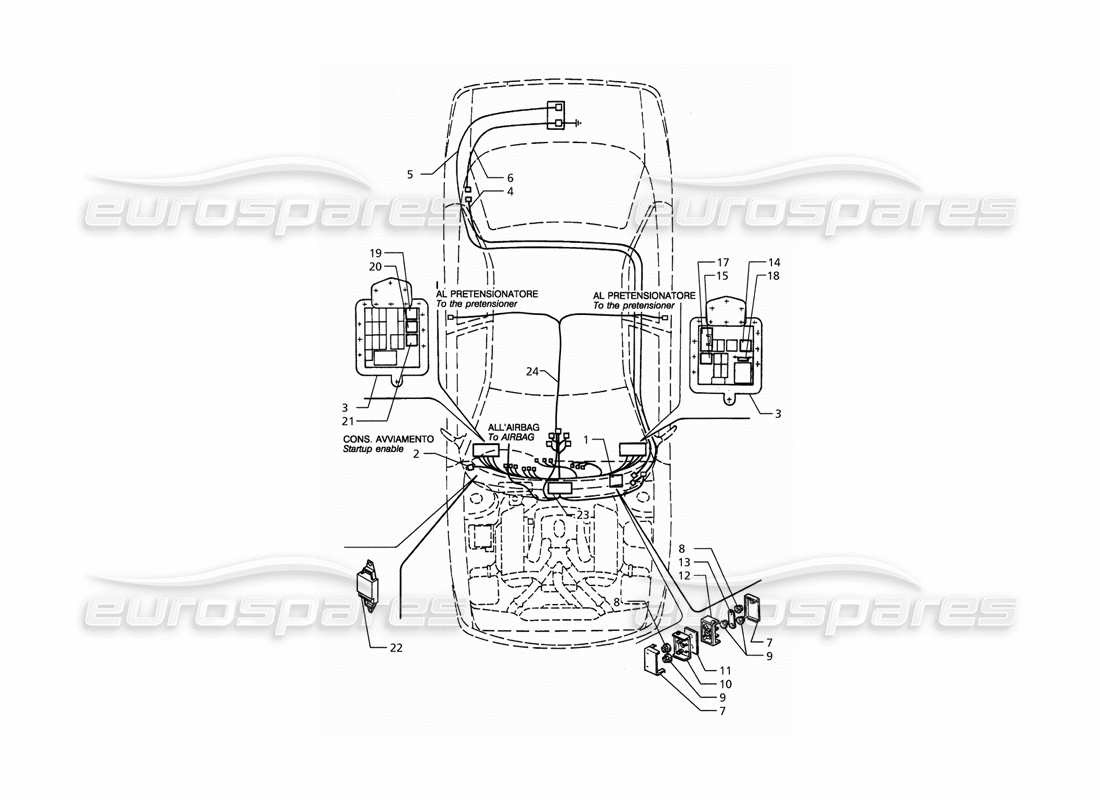 maserati qtp. 3.2 v8 (1999) elektrisches system: armaturenbrett und batterie (rechtsantrieb) teilediagramm