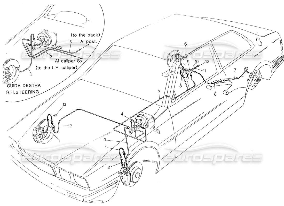 maserati 222 / 222e biturbo hydraulische bremsleitungen teilediagramm