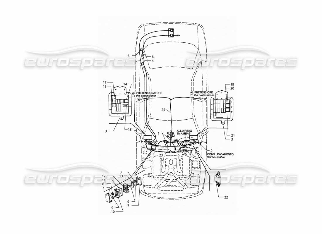 maserati qtp. 3.2 v8 (1999) elektrisches system: teilediagramm für armaturenbrett und batterie (linksantrieb).