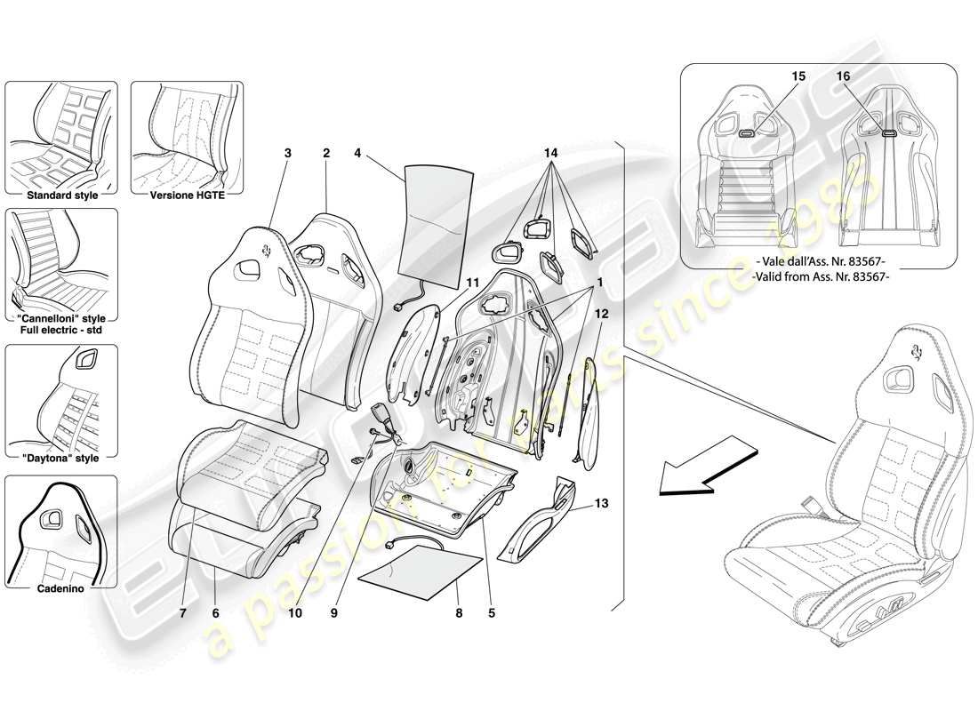 ferrari 599 gtb fiorano (usa) vordersitz - verkleidung und interne komponenten ersatzteildiagramm