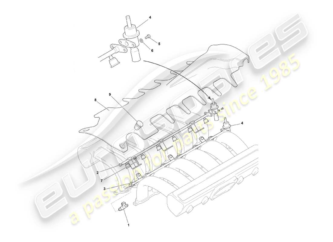 aston martin db7 vantage (1999) teilediagramm für kraftstoffverteilerrohre und einspritzdüsen
