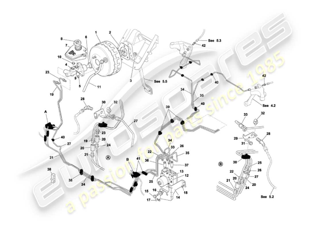 aston martin vanquish (2007) teilediagramm für bremskraftverstärker und -modulator