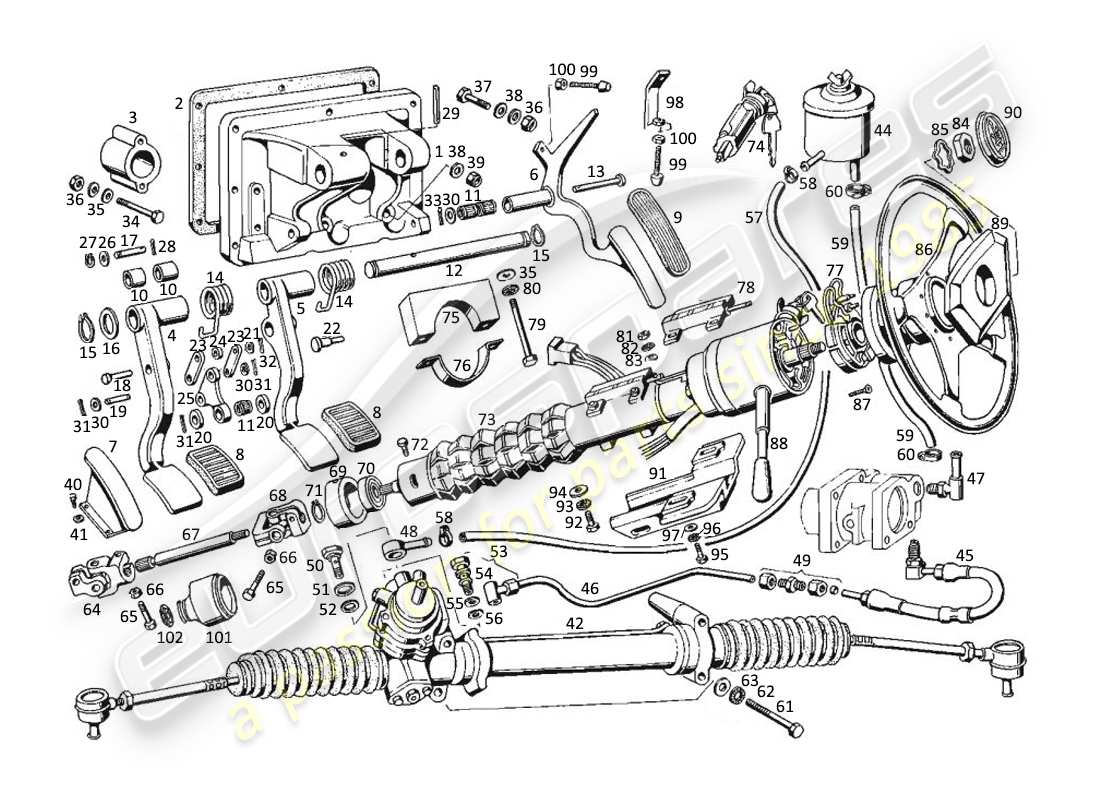 maserati kyalami lenkungsteile und pedale teilediagramm