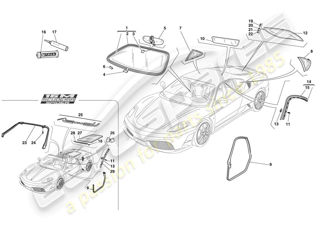 ferrari f430 scuderia (usa) bildschirme, fenster und dichtungen ersatzteildiagramm