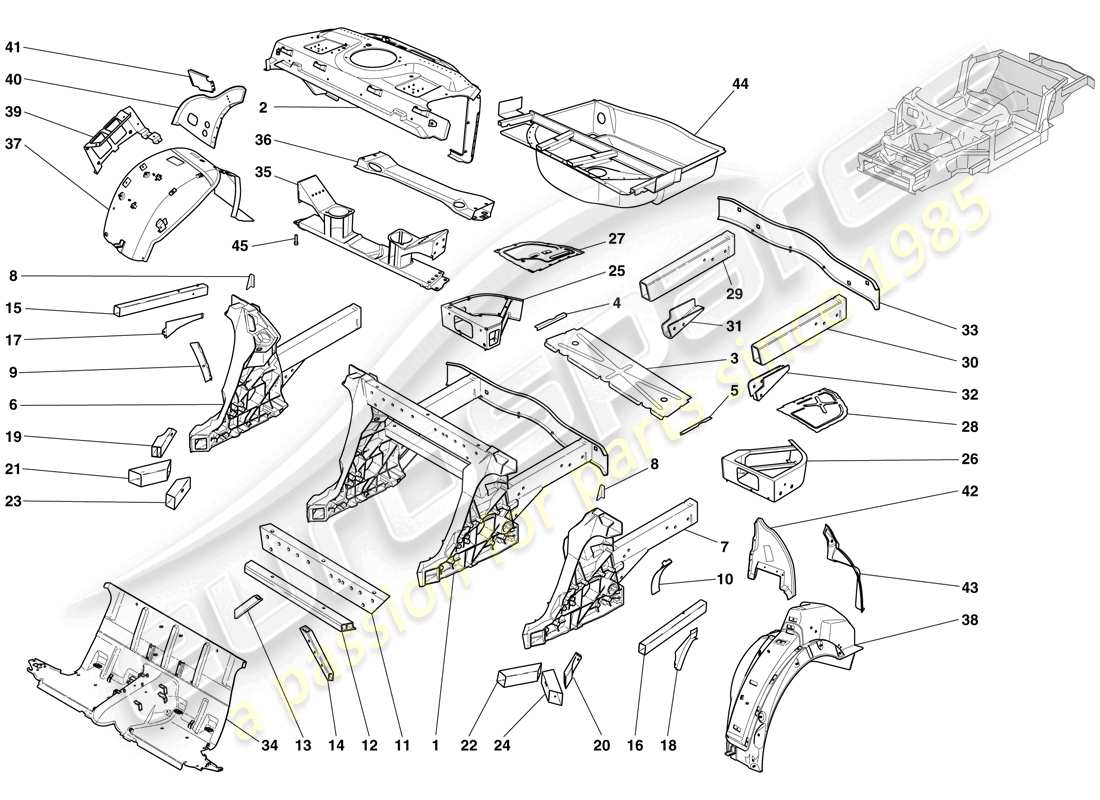 ferrari 612 sessanta (europe) strukturen und elemente, fahrzeughinterteil teilediagramm