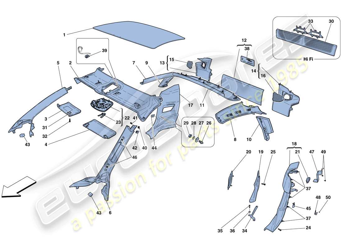 ferrari 458 italia (rhd) dachhimmelverkleidung und zubehör teilediagramm