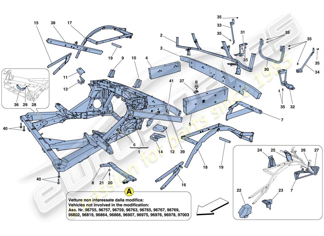 ferrari 458 italia (rhd) fahrgestell - struktur, hintere elemente und platten ersatzteildiagramm