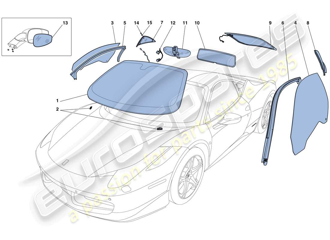 ferrari 458 italia (usa) bildschirme, fenster und dichtungen ersatzteildiagramm