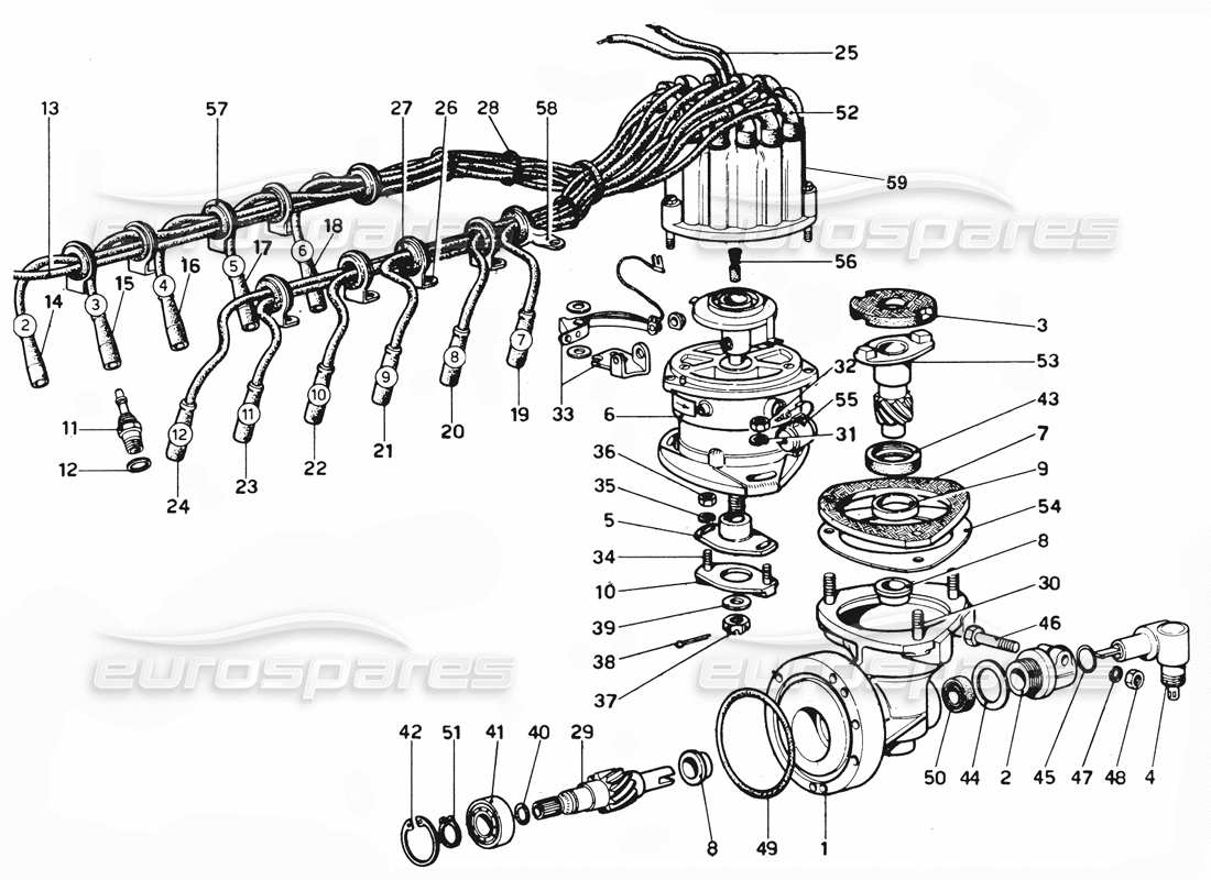 ferrari 365 gtc4 (mechanical) verteilungs- und hochspannungsleitungen - revisionsteildiagramm
