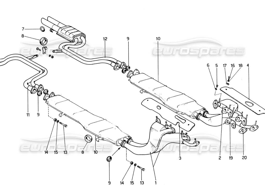 ferrari 365 gtb4 daytona (1969) abgassystem (1972 revision) teilediagramm