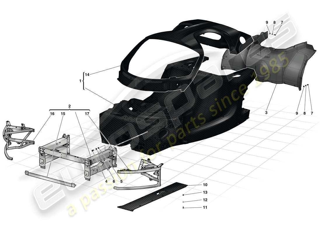 ferrari laferrari (usa) monocoque tub - front subchassis - central flat undertray part diagram