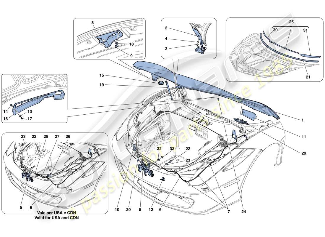 ferrari 458 spider (rhd) vorderer deckel und öffnungsmechanismus teilediagramm