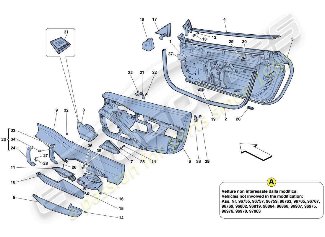 ferrari 458 italia (usa) türen - unterkonstruktion und verkleidung teilediagramm