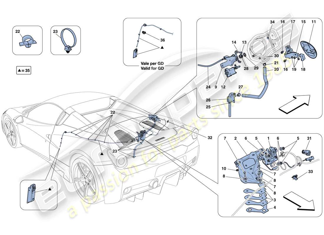 ferrari 458 speciale aperta (europe) öffnungsmechanismen für motorraumdeckel und kraftstoffeinfüllklappe teilediagramm
