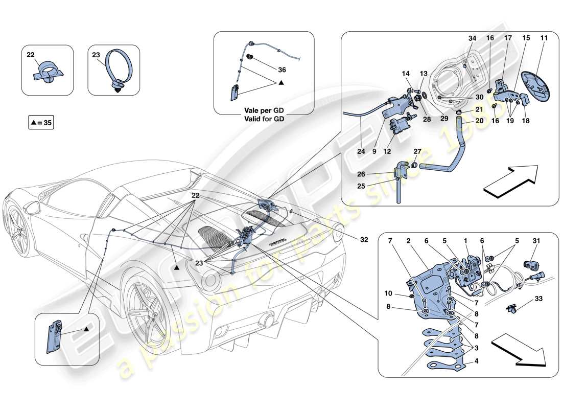 ferrari 458 speciale aperta (europe) öffnungsmechanismen für motorraumdeckel und tankklappe teilediagramm