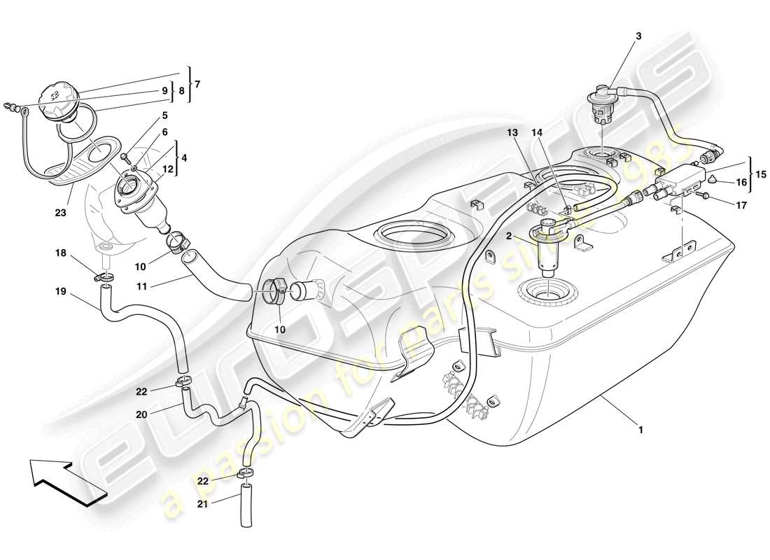 ferrari 599 gto (rhd) kraftstofftank – einfüllhals und rohre teilediagramm