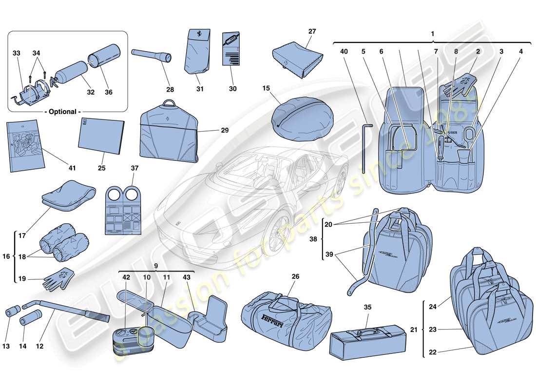 ferrari 458 italia (rhd) mit dem fahrzeug lieferumfang enthaltene werkzeuge und zubehör teilediagramm