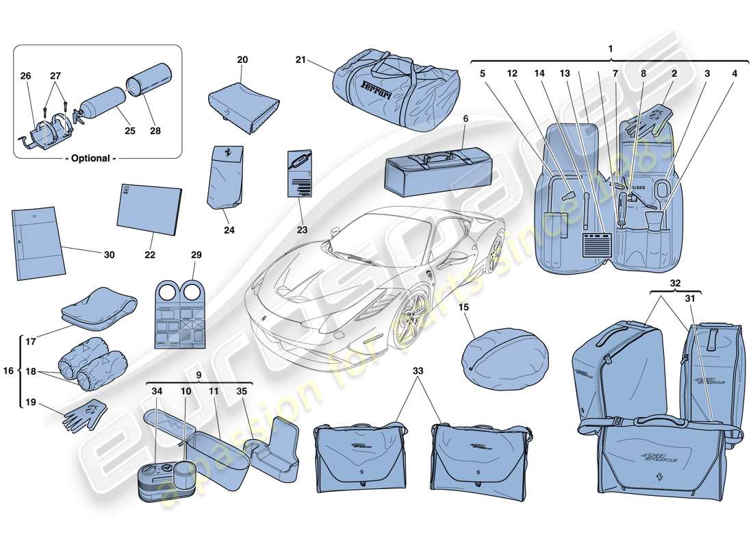 ferrari 458 speciale (usa) mit dem fahrzeug lieferumfang enthaltene werkzeuge und zubehör teilediagramm