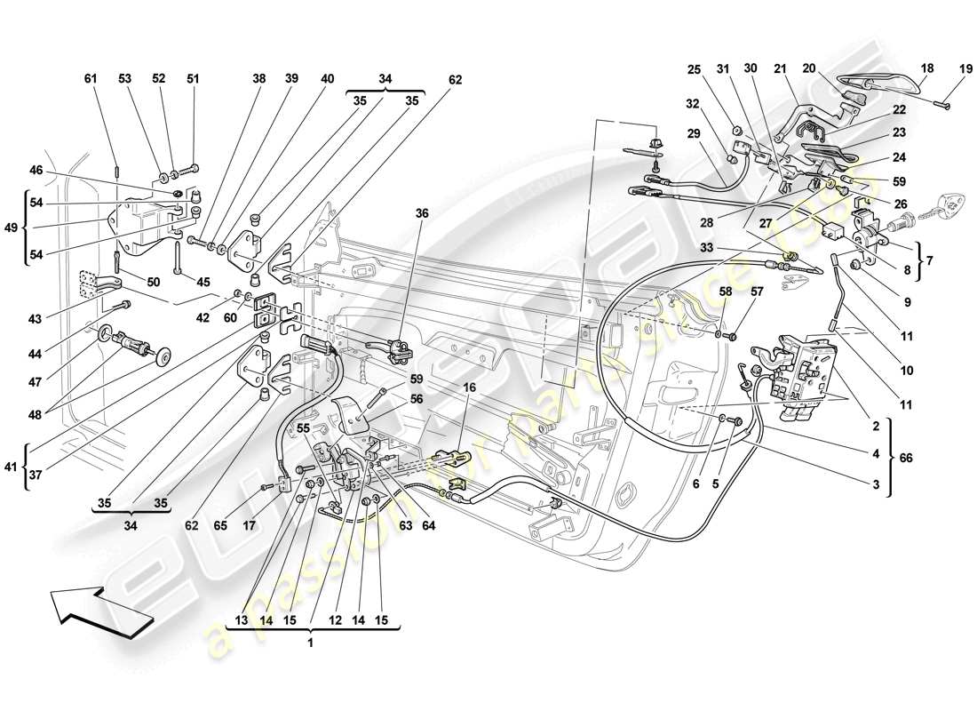 ferrari f430 scuderia (europe) türen - öffnungsmechanismus und scharniere ersatzteildiagramm