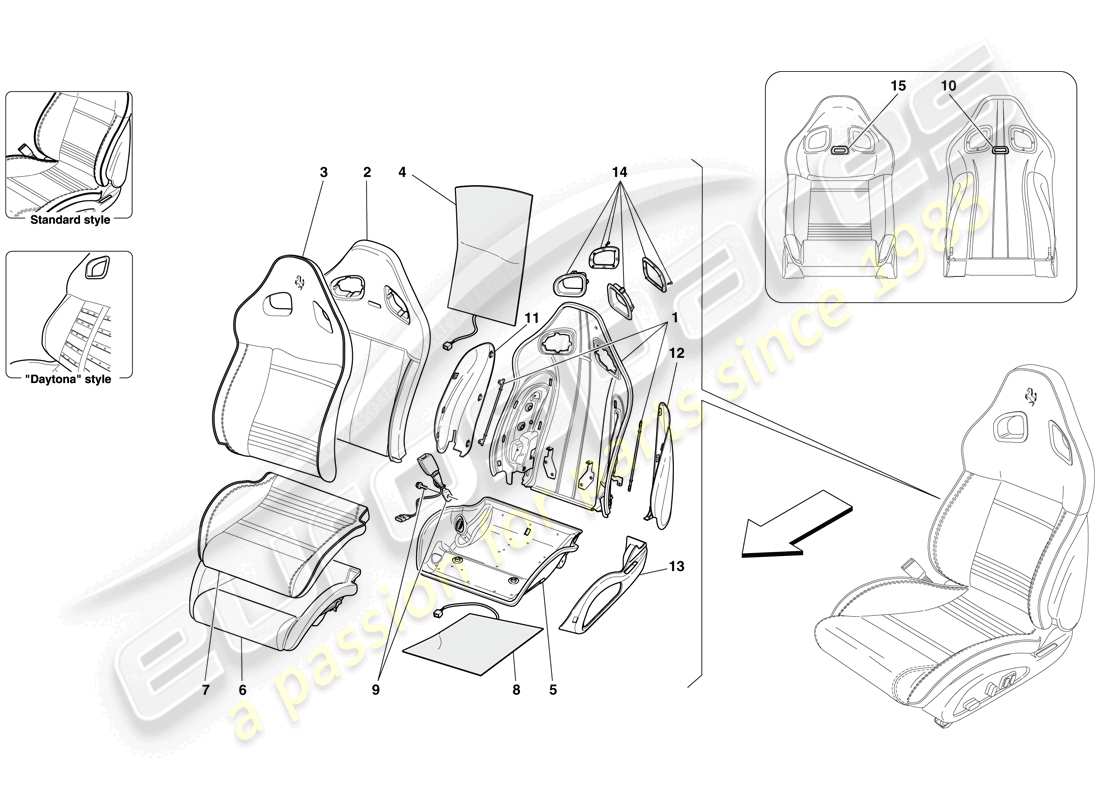 ferrari 599 gto (europe) vordersitz - verkleidung und interne komponenten ersatzteildiagramm