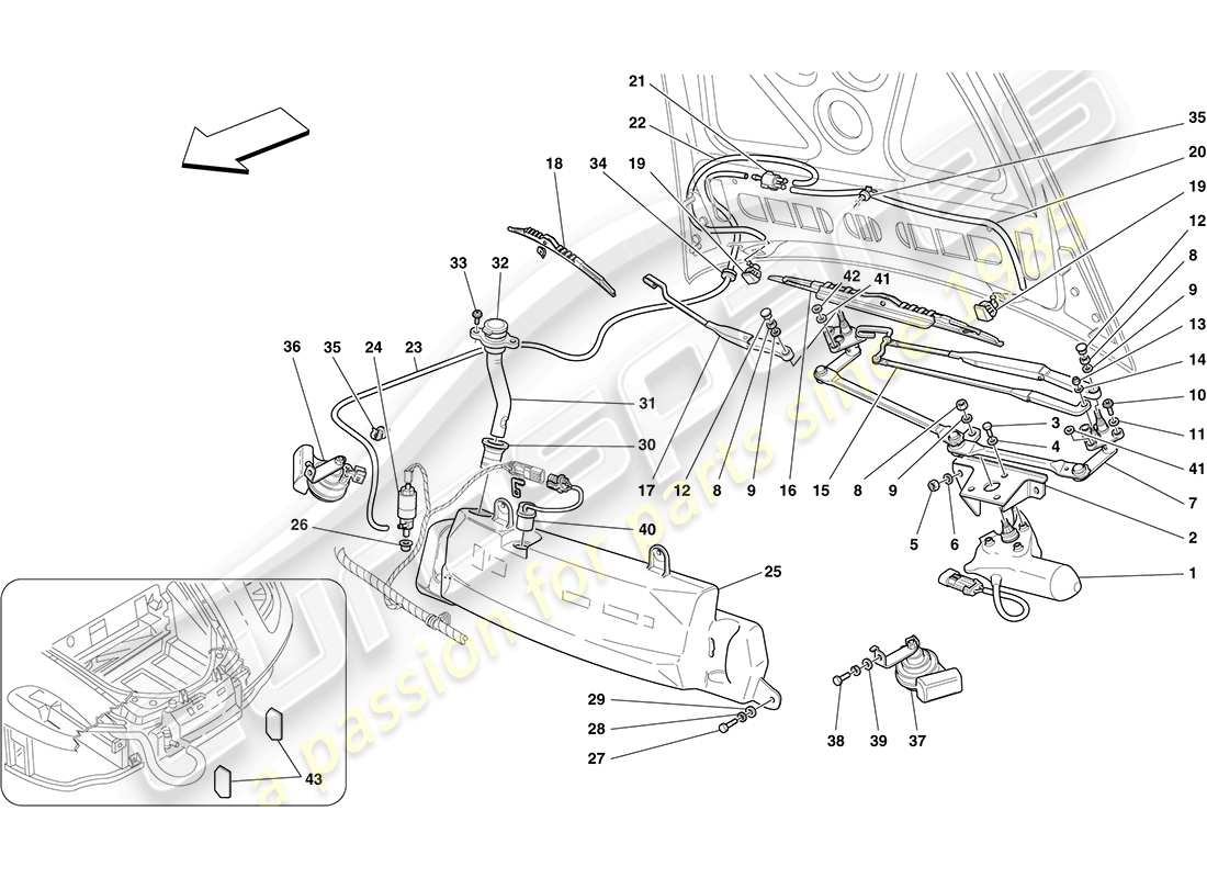 ferrari f430 coupe (europe) scheibenwischer, scheibe und hupen teilediagramm